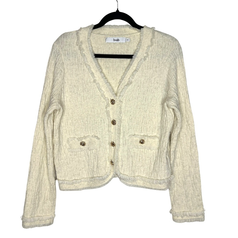 b+ab‎ Cream Knit Cardigan XS Gold Button Fringe Trim Boucle Textured Sweater